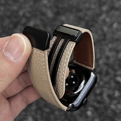 Litchi Pattern Patent Apple Watch Strap with Magnetic Folding Buckle