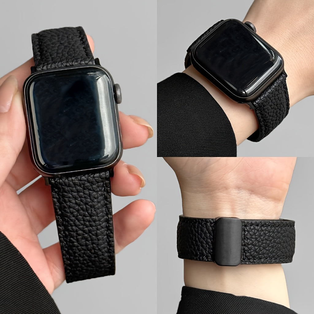 Litchi Pattern Patent Apple Watch Strap with Magnetic Folding Buckle