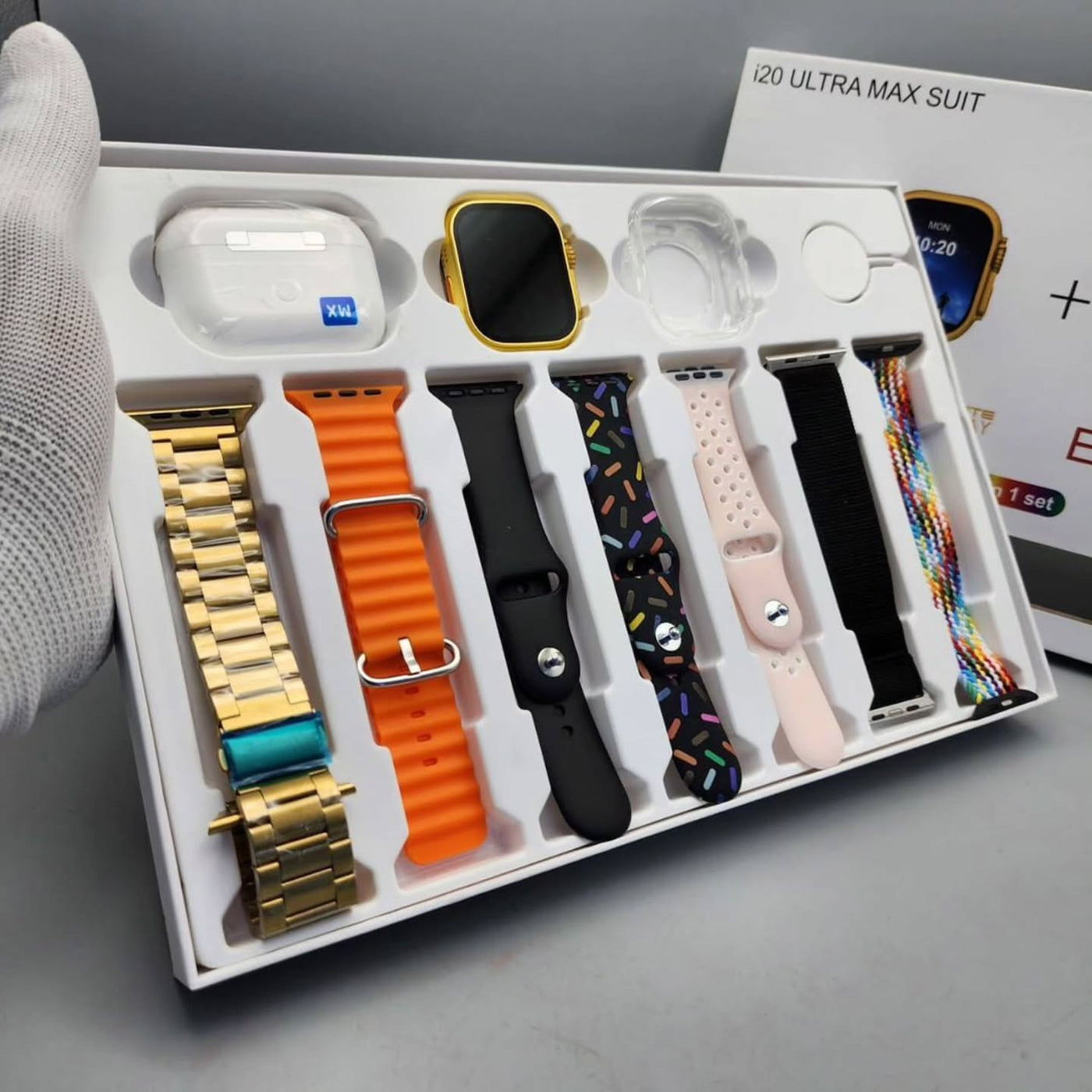 i20 Ultra Suit Smartwatch (Gold) + AirPods