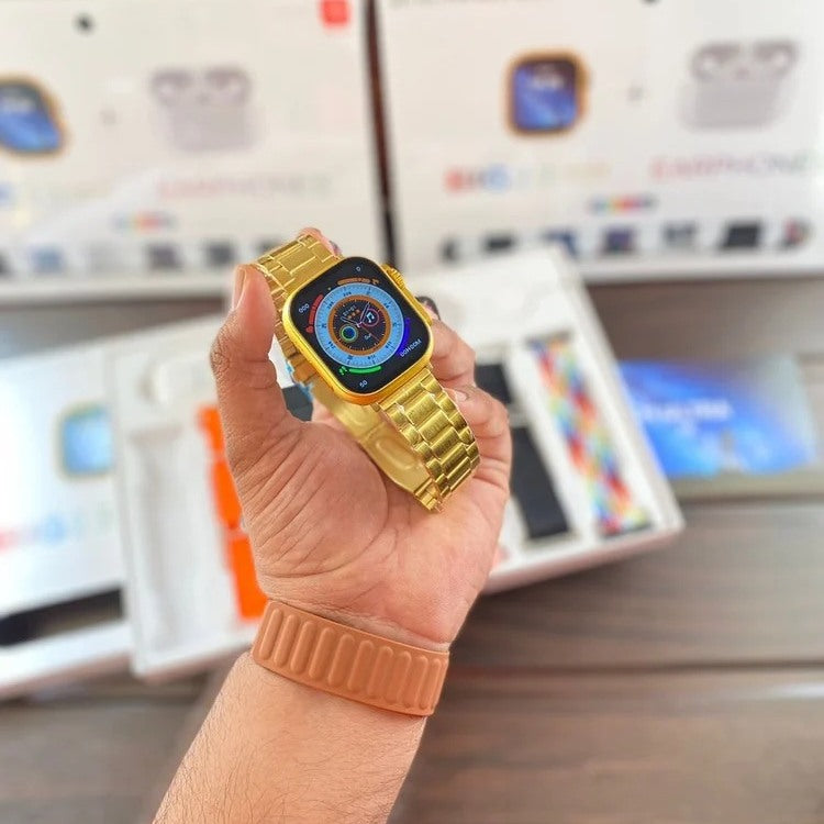 i20 Ultra Suit Smartwatch (Gold) + AirPods