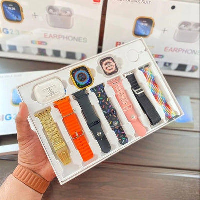 i20 Ultra Suit Smartwatch (Gold) + AirPods