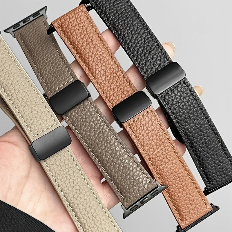 Litchi Pattern Patent Apple Watch Strap with Magnetic Folding Buckle