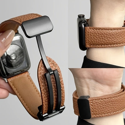 Litchi Pattern Patent Apple Watch Strap with Magnetic Folding Buckle
