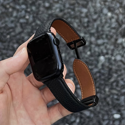 Litchi Pattern Patent Apple Watch Strap with Magnetic Folding Buckle